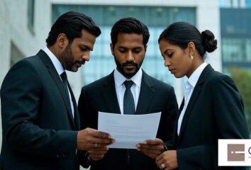 Three Sri Lankan attorneys male and female in a Lawyers Coat, Infront of court . They are reviewing ... (3) {"aigc_info":{"aigc_label_type":0,"source_info":"dreamina"},"data":{"os":"web","product":"dreamina","exportType":"generation","pictureId":"0"}}